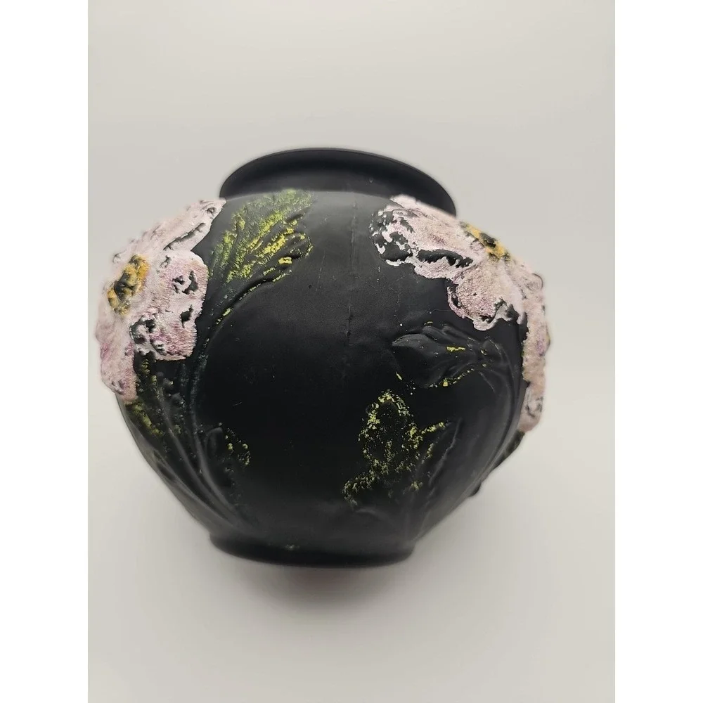 Antique Tiffin Coralene Embossed Handpainted  Poppy Vase Black Satin On Amethyst